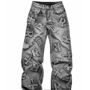 Racer Worldwide Acid Wash Black Distressed Cross Patchwork Jeans Size 26
